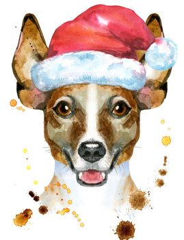 Cute Dog. Dog T-shirt graphics. watercolor jack russell terrier illustration with Santa hat