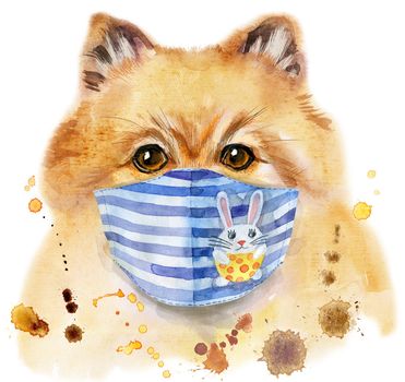 Cute Dog in face mask. Dog T-shirt graphics. watercolor pomeranian spitz illustration
