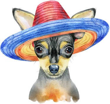 Cute Dog in mexican hat. Dog T-shirt graphics. watercolor toy terrier illustration
