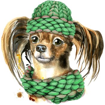Cute Dog in a knitted green hat. Dog t-shirt graphics. watercolor toyl terrier illustration