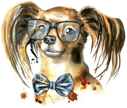Cute Dog with with bow-tie and glasses. Dog t-shirt graphics. watercolor toy terrier illustration