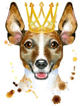 Cute Dog with golden crown. Dog T-shirt graphics. watercolor jack russell terrier illustration