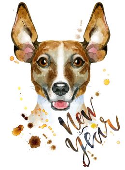 Cute Dog. Dog T-shirt graphics. watercolor jack russell terrier illustration with the inscription New Year
