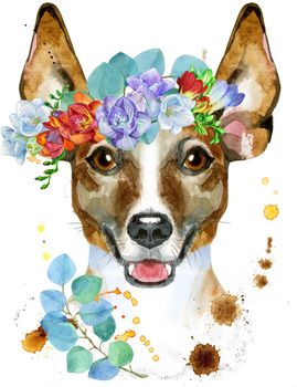 Cute Dog in a wreath of freesia. Dog T-shirt graphics. watercolor jack russell terrier illustration