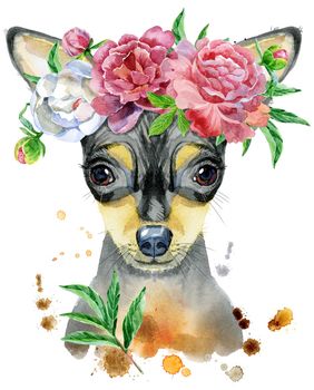 Cute Dog. Dog T-shirt graphics. watercolor toy terrier in a wreath of peonies illustration