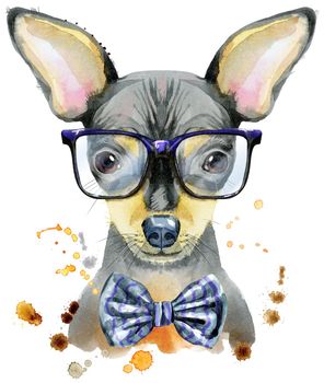 Cute Dog with bow-tie and glasses. Dog T-shirt graphics. watercolor toy terrier illustration