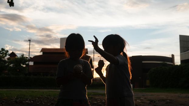 Two sibling sisters eating sweet tasty ice cream outdoors at sunset. Two happy young kid enjoy dessert during vacation holiday in the park.