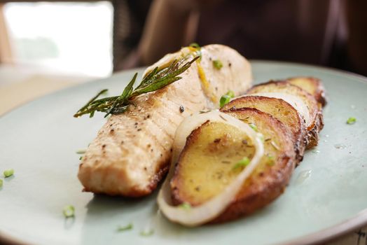 tasty salmon and vegetable on plate ,