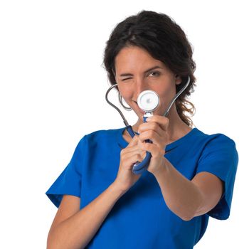 Portrait of beautiful young female doctor nurse with stethoscope isolated on white background