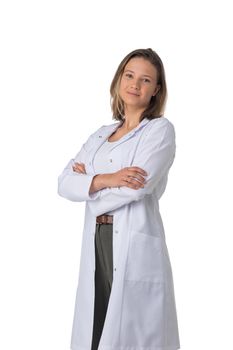 Portrait of happy young doctor woman standing with arms crossed isolated on white background