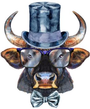 Bull watercolor graphics. Bull animal illustration watercolor textured background.