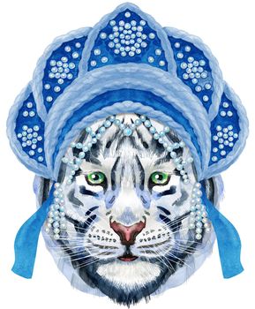 Watercolor illustration of white smiling tiger in Russian national headdress kokoshnik. Wild animal watercolor illustration on white background