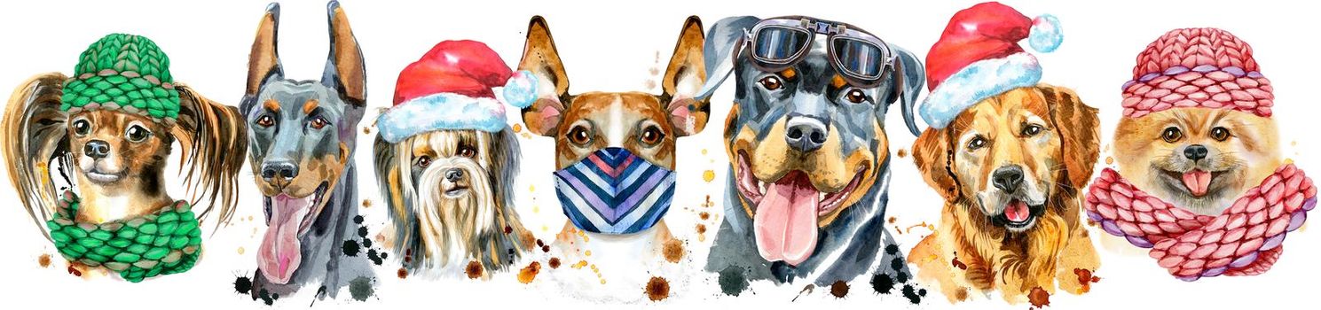 Cute border from watercolor portraits of dogs. For t-shirt graphics. Watercolor dogs illustration