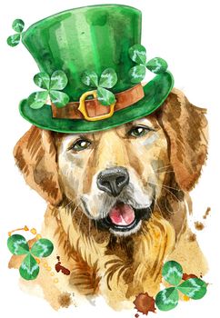 Cute Dog. Dog T-shirt graphics. watercolor golden retriever illustration. Retriever with leprechaun hat on background. St. Patrick s day