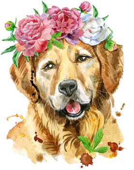 Cute Dog. Dog T-shirt graphics. watercolor golden retriever illustration in a wreath of peonies