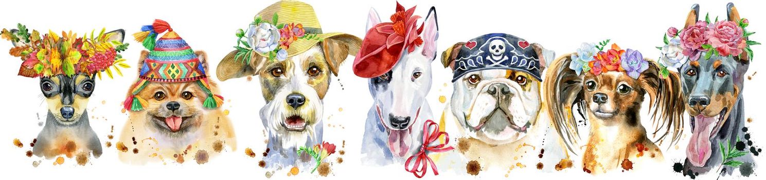 Cute border from watercolor portraits of dogs. For t-shirt graphics. Watercolor dogs illustration