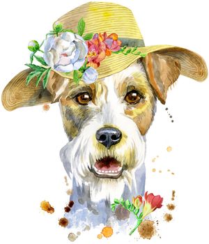 Cute Dog with summer hat. Dog T-shirt graphics. watercolor airedale terrier illustration