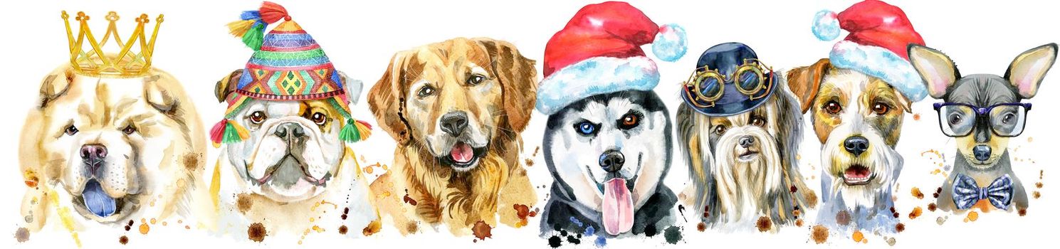 Cute border from watercolor portraits of dogs. For t-shirt graphics. Watercolor dogs illustration