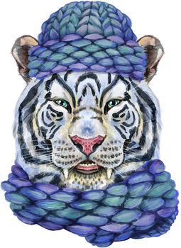 Watercolor illustration of white smiling tiger in a blue knitted hat