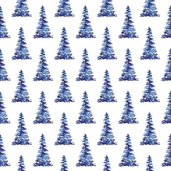 XMAS watercolor Fir Tree Seamless Pattern in Blue Color. Hand Painted Spruce Pine tree background or wallpaper for Ornament, Wrapping or Christmas Decoration.