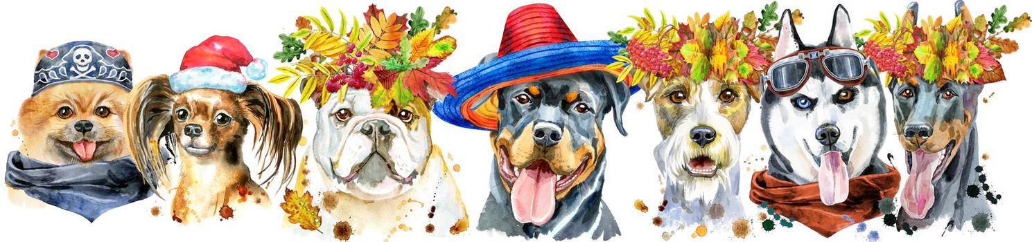 Cute border from watercolor portraits of dogs. For t-shirt graphics. Watercolor dogs illustration