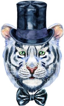 Watercolor illustration of white tiger in cylinder hat