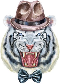 White aggressive tiger with open mouth and huge fangs in brown hat and bow-tie