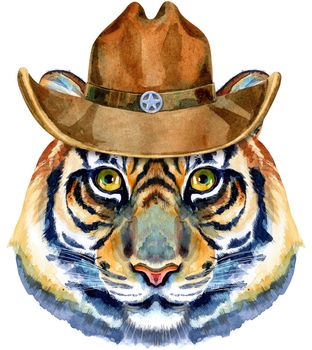 Tiger head horoscope character in cowboy hat isolated on white background.