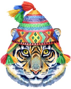 Tiger head in chullo hat. Horoscope character isolated on white background.