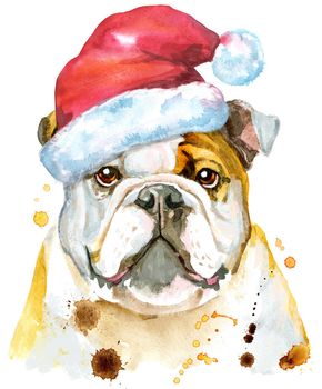 Cute Dog. Dog T-shirt graphics. watercolor Dog illustration with Santa hat