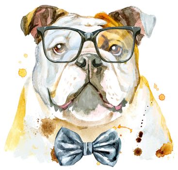 Cute Dog with bow-tie and glasses. Dog T-shirt graphics. watercolor Dog illustration