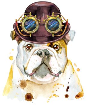 Cute Dog with hat bowler and steampunk glasses. Dog T-shirt graphics. watercolor Dog illustration