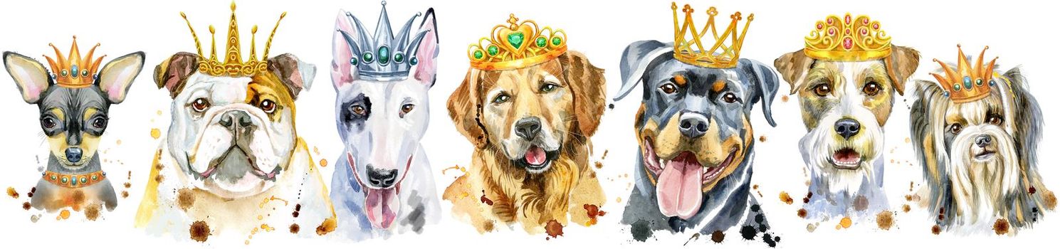 Cute border from watercolor portraits of dogs. For t-shirt graphics. Watercolor dogs illustration