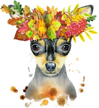 Cute Dog in wreath of leaves. Dog T-shirt graphics. watercolor toy terrier illustration