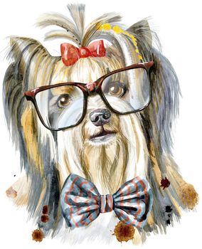 Dog, yorkie with bow-tie and glasses on white background. Hand drawn sweet pet illustration.