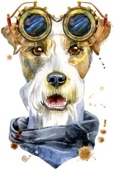 Cute Dog with steampunk glasses. Dog T-shirt graphics. Watercolor airedale terrier illustration