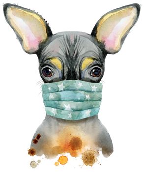 Cute Dog in face mask. Dog T-shirt graphics. watercolor toy terrier illustration