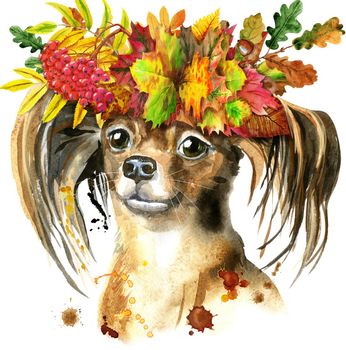 Cute Dog in a wreath of autumn leaves. Dog T-shirt graphics. watercolor toyl terrier illustration