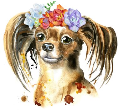 Cute Dog in a wreath of freesia. Dog T-shirt graphics. watercolor toyl terrier illustration