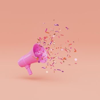 pink megaphone with shiny confetti coming out of it. 3d rendering