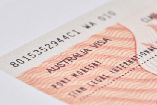 Tashkent, Uzbekistan - 13 August, 2021: Macro shot of Australian visa. Close-up australian resident immigration visa in passport
