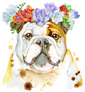 Cute Dog freesia wreath. Dog T-shirt graphics. watercolor Dog illustration