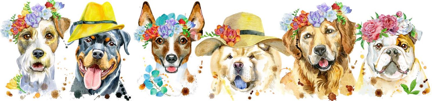 Cute border from watercolor portraits of dogs. For t-shirt graphics. Watercolor dogs illustration