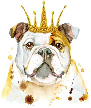 Cute Dog with golden crown. Dog T-shirt graphics. watercolor Dog illustration