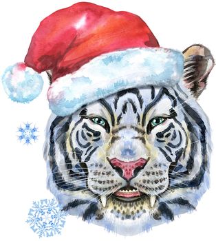 Watercolor illustration of white tiger in Santa hat