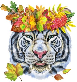 Watercolor illustration of white smiling tiger in a wreath of autumn leaves