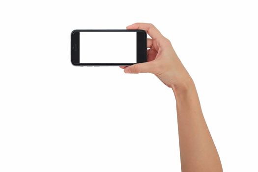 Hand holding smart phone isolated white background, use clipping path