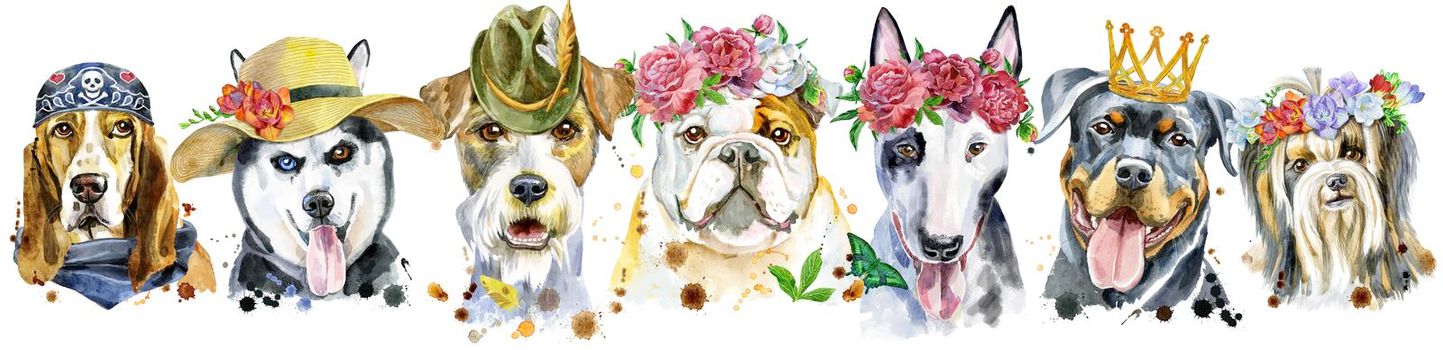 Cute border from watercolor portraits of dogs. For t-shirt graphics. Watercolor dogs illustration