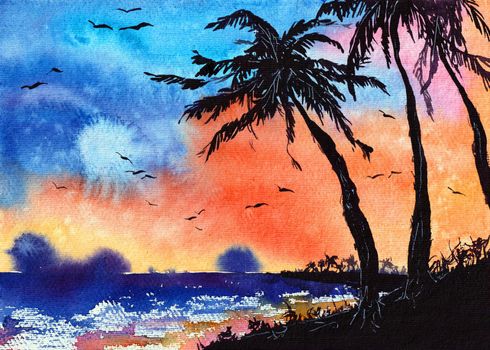 Palm Trees Watercolor Illustration Original Art Tropical Beach Artistic Painting at the paper. Sunset in Orange Black and Blue Colors. Can be used for Wallpaper Print and Background.