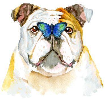 Cute Dog with butterfly. Dog T-shirt graphics. watercolor Dog illustration